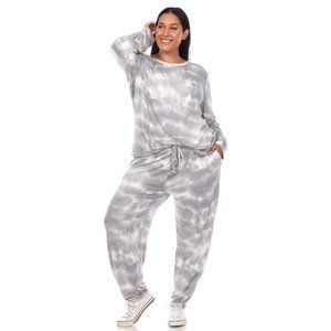 Plus Size Women's Grey & White Tie Dye Lounge Top & Pants Set Multisizes PS3628